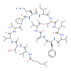 ChemSpider 2D Image | N-(5-Methylhexanoyl)valylthreonylvalylvalyl-D-prolyl-L-ornithyl-N-[(6Z,9S)-9-benzyl-15-sec-butyl-6-ethylidene-3,12-diisopropyl-19-methyl-2,5,8,11,14,17-hexaoxo-1-oxa-4,7,10,13,16-pentaazacyclononadeca
n-18-yl]isoleucinamide | C75H124N14O16