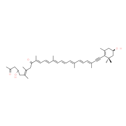 ChemSpider 2D Image | (6E,10E,12E,14E,16E,18E,20E,22E)-4-Hydroxy-25-[(4R)-4-hydroxy-2,6,6-trimethyl-1-cyclohexen-1-yl]-6,7,10,14,19,23-hexamethyl-6,10,12,14,16,18,20,22-pentacosaoctaen-24-yne-2,9-dione | C40H54O4