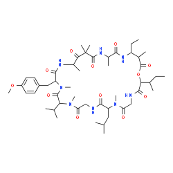ChemSpider 2D Image | 2-sec-Butyl-28-ethyl-8-isobutyl-14-isopropyl-17-(4-methoxybenzyl)-7,13,16,20,22,22,25,29-octamethyl-1-oxa-4,7,10,13,16,19,24,27-octaazacyclotriacontane-3,6,9,12,15,18,21,23,26,30-decone | C50H80N8O12