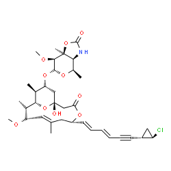 ChemSpider 2D Image | 6-{[(1R,5S,7E,11S)-5-{(1E,3E)-6-[(1S)-2-Chlorocyclopropyl]-1,3-hexadien-5-yn-1-yl}-1-hydroxy-9-methoxy-7,10,12-trimethyl-3-oxo-4,15-dioxabicyclo[9.3.1]pentadec-7-en-13-yl]oxy}-7-methoxy-4,7a-dimethylt
etrahydro-4H-pyrano[3,4-d][1,3]oxazol-2(3H)-one | C35H48ClNO10