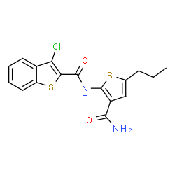 ChemSpider 2D Image | N-(3-Carbamoyl-5-propyl-2-thienyl)-3-chloro-1-benzothiophene-2-carboxamide | C17H15ClN2O2S2