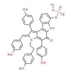 ChemSpider 2D Image | Sodium (2Z)-2-(4-hydroxybenzylidene)-1,4-bis(4-hydroxyphenyl)-3-[2-(4-hydroxyphenyl)ethyl]-5-oxo-2,3,5,6-tetrahydropyrrolo[2,3-c]carbazol-7-yl sulfate | C41H29N2NaO9S