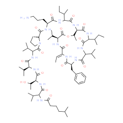 ChemSpider 2D Image | N-(5-Methylhexanoyl)valyl-L-allothreonyl-L-valylvalyl-L-prolyl-L-ornithyl-N-[(3S,6Z,9S,18R,19S)-9-benzyl-15-sec-butyl-6-ethylidene-3,12-diisopropyl-19-methyl-2,5,8,11,14,17-hexaoxo-1-oxa-4,7,10,13,16-
pentaazacyclononadecan-18-yl]isoleucinamide | C75H124N14O16