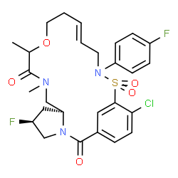 ChemSpider 2D Image | (5S,7S,15E)-21-Chloro-5-fluoro-18-(4-fluorophenyl)-9,11-dimethyl-12-oxa-19-thia-3,9,18-triazatricyclo[18.3.1.0~3,7~]tetracosa-1(24),15,20,22-tetraene-2,10-dione 19,19-dioxide | C27H30ClF2N3O5S