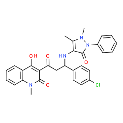 ChemSpider 2D Image | 3-{3-(4-Chlorophenyl)-3-[(1,5-dimethyl-3-oxo-2-phenyl-2,3-dihydro-1H-pyrazol-4-yl)amino]propanoyl}-4-hydroxy-1-methyl-2(1H)-quinolinone | C30H27ClN4O4