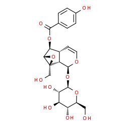 ChemSpider 2D Image | (1bS,2S,5aR,6S,6aS)-2-(beta-L-Glucopyranosyloxy)-1a-(hydroxymethyl)-1a,1b,2,5a,6,6a-hexahydrooxireno[4,5]cyclopenta[1,2-c]pyran-6-yl 4-hydroxybenzoate | C22H26O12