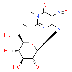 ChemSpider 2D Image | N-(2-Methoxy-1-methyl-5-nitroso-6-oxo-1,6-dihydro-4-pyrimidinyl)-beta-D-glucopyranosylamine | C12H18N4O8