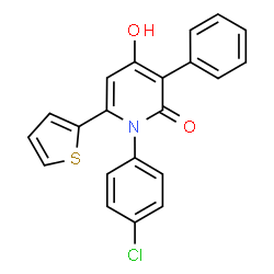 ChemSpider 2D Image | 1-(4-Chlorophenyl)-4-hydroxy-3-phenyl-6-(2-thienyl)-2(1H)-pyridinone | C21H14ClNO2S
