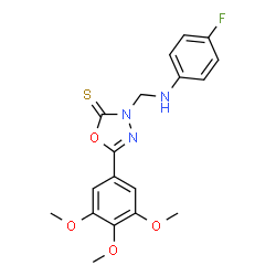 ChemSpider 2D Image | 3-{[(4-Fluorophenyl)amino]methyl}-5-(3,4,5-trimethoxyphenyl)-1,3,4-oxadiazole-2(3H)-thione | C18H18FN3O4S