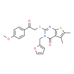 ChemSpider 2D Image | 3-(2-Furylmethyl)-2-{[2-(4-methoxyphenyl)-2-oxoethyl]sulfanyl}-5,6-dimethylthieno[2,3-d]pyrimidin-4(3H)-one | C22H20N2O4S2