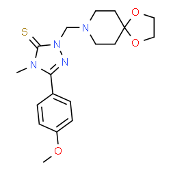 ChemSpider 2D Image | 2-(1,4-Dioxa-8-aza-spiro[4.5]dec-8-ylmethyl)-5-(4-methoxy-phenyl)-4-methyl-2,4-dihydro-[1,2,4]triazole-3-thione | C18H24N4O3S