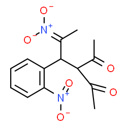 ChemSpider 2D Image | {[4-Acetyl-3-(2-nitrophenyl)-5-oxo-2-hexanylidene](oxido)-lambda~5~-azanyl}oxidanide | C14H15N2O6