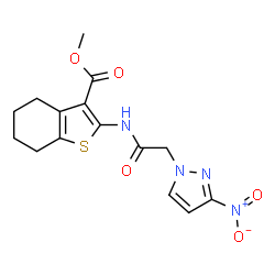 ChemSpider 2D Image | Methyl 2-{[(3-nitro-1H-pyrazol-1-yl)acetyl]amino}-4,5,6,7-tetrahydro-1-benzothiophene-3-carboxylate | C15H16N4O5S