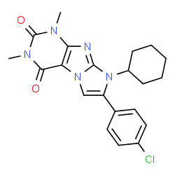 ChemSpider 2D Image | 7-(4-Chlorophenyl)-8-cyclohexyl-1,3-dimethyl-1H-imidazo[2,1-f]purine-2,4(3H,8H)-dione | C21H22ClN5O2