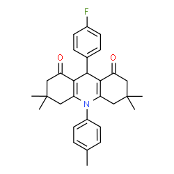 ChemSpider 2D Image | 9-(4-Fluorophenyl)-3,3,6,6-tetramethyl-10-(4-methylphenyl)-3,4,6,7,9,10-hexahydro-1,8(2H,5H)-acridinedione | C30H32FNO2