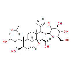 ChemSpider 2D Image | (1R,2S,3'S,5R,6R,8aR)-5-[(1S)-1-Acetoxy-2-carboxyethyl]-2-[(S)-3-furyl(beta-D-glucopyranosyloxy)methyl]-6-(2-hydroxy-2-propanyl)-2,5,8a-trimethyl-8-oxooctahydro-2H-spiro[naphthalene-1,2'-oxirane]-3'-c
arboxylic acid | C34H48O16