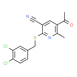 ChemSpider 2D Image | 5-Acetyl-2-[(3,4-dichlorobenzyl)sulfanyl]-6-methylnicotinonitrile | C16H12Cl2N2OS