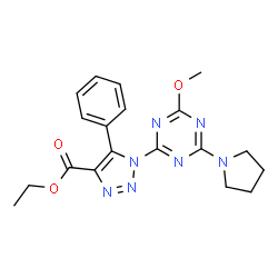 ChemSpider 2D Image | Ethyl 1-[4-methoxy-6-(1-pyrrolidinyl)-1,3,5-triazin-2-yl]-5-phenyl-1H-1,2,3-triazole-4-carboxylate | C19H21N7O3