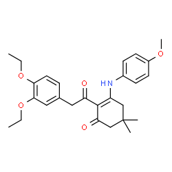 ChemSpider 2D Image | 2-[(3,4-Diethoxyphenyl)acetyl]-3-[(4-methoxyphenyl)amino]-5,5-dimethyl-2-cyclohexen-1-one | C27H33NO5