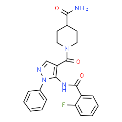 ChemSpider 2D Image | 1-({5-[(2-Fluorobenzoyl)amino]-1-phenyl-1H-pyrazol-4-yl}carbonyl)-4-piperidinecarboxamide | C23H22FN5O3