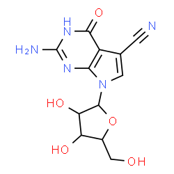 ChemSpider 2D Image | 2-amino-4-hydroxy-7-pentofuranosyl-7H-pyrrolo[2,3-d]pyrimidine-5-carbonitrile | C12H13N5O5