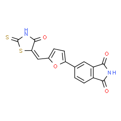 ChemSpider 2D Image | 5-{5-[(E)-(4-Oxo-2-thioxo-1,3-thiazolidin-5-ylidene)methyl]-2-furyl}-1H-isoindole-1,3(2H)-dione | C16H8N2O4S2