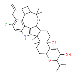 ChemSpider 2D Image | 12-Chloro-2-isopropenyl-14b,14c,17,17-tetramethyl-10-methylene-2,3,5,6,6a,7,7d,8,9,9a,10,11,14,14b,14c,15,16,16a-octadecahydro-4bH-7,8-(epoxymethano)chromeno[5',6':6,7]indeno[1,2-b]cyclobuta[5,6]benzo
[1,2-e]indole-3,4b-diol | C37H44ClNO4