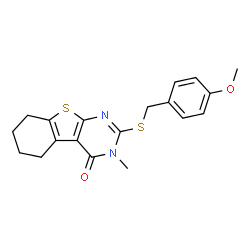 ChemSpider 2D Image | 2-[(4-Methoxybenzyl)sulfanyl]-3-methyl-5,6,7,8-tetrahydro[1]benzothieno[2,3-d]pyrimidin-4(3H)-one | C19H20N2O2S2