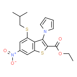 ChemSpider 2D Image | Ethyl 4-(isobutylsulfanyl)-6-nitro-3-(1H-pyrrol-1-yl)-1-benzothiophene-2-carboxylate | C19H20N2O4S2