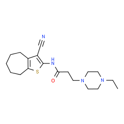 ChemSpider 2D Image | N-(3-Cyano-5,6,7,8-tetrahydro-4H-cyclohepta[b]thiophen-2-yl)-3-(4-ethyl-1-piperazinyl)propanamide | C19H28N4OS