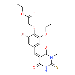 ChemSpider 2D Image | Ethyl {2-bromo-6-ethoxy-4-[(Z)-(1-methyl-4,6-dioxo-2-thioxotetrahydro-5(2H)-pyrimidinylidene)methyl]phenoxy}acetate | C18H19BrN2O6S