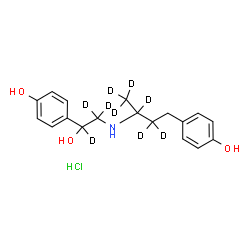ChemSpider 2D Image | 4-[1-Hydroxy-2-{[4-(4-hydroxyphenyl)(1,1,1,2,3,3-~2~H_6_)-2-butanyl]amino}(~2~H_3_)ethyl]phenol hydrochloride (1:1) | C18H15D9ClNO3