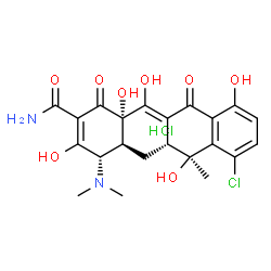 ChemSpider 2D Image | (4S,4aS,5aR,6S,12aS)-7-Chloro-4-(dimethylamino)-3,6,10,12,12a-pentahydroxy-6-methyl-1,11-dioxo-1,4,4a,5,5a,6,11,12a-octahydro-2-tetracenecarboxamide hydrochloride (1:1) | C22H24Cl2N2O8