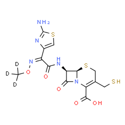ChemSpider 2D Image | (6R,7R)-7-{[(2Z)-2-(2-Amino-1,3-thiazol-4-yl)-2-{[(~2~H_3_)methyloxy]imino}acetyl]amino}-8-oxo-3-(sulfanylmethyl)-5-thia-1-azabicyclo[4.2.0]oct-2-ene-2-carboxylic acid | C14H12D3N5O5S3