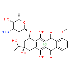 ChemSpider 2D Image | (1S,3S)-3,5,12-Trihydroxy-3-(1-hydroxyethyl)-10-methoxy-6,11-dioxo-1,2,3,4,6,11-hexahydro-1-tetracenyl (3xi)-3-amino-2,3,6-trideoxy-alpha-L-threo-hexopyranoside hydrochloride (1:1) | C27H32ClNO10