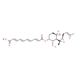 ChemSpider 2D Image | (2E,4E,6E,8E)-10-({(3S,4S,5S,6R)-5-Methoxy-4-[(2R,3R)-2-methyl-3-(3-methyl-2-buten-1-yl)-2-oxiranyl]-1-oxaspiro[2.5]oct-6-yl}oxy)-10-oxo-2,4,6,8-decatetraenoic acid | C26H34O7