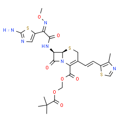 ChemSpider 2D Image | [(2,2-Dimethylpropanoyl)oxy]methyl (6R,7R)-7-{[(2Z)-2-(2-amino-1,3-thiazol-5-yl)-2-(methoxyimino)acetyl]amino}-3-[(E)-2-(4-methyl-1,3-thiazol-5-yl)vinyl]-8-oxo-5-thia-1-azabicyclo[4.2.0]oct-2-ene-2-ca
rboxylate | C25H28N6O7S3