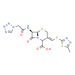 ChemSpider 2D Image | (3Z,6R,7R)-3-{[(5-Methyl-1,3,4-thiadiazol-2-yl)sulfanyl]methylene}-8-oxo-7-[(1H-tetrazol-1-ylacetyl)amino]-5-thia-1-azabicyclo[4.2.0]octane-2-carboxylic acid | C14H14N8O4S3