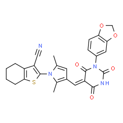 ChemSpider 2D Image | 2-(3-{(Z)-[1-(1,3-Benzodioxol-5-yl)-2,4,6-trioxotetrahydro-5(2H)-pyrimidinylidene]methyl}-2,5-dimethyl-1H-pyrrol-1-yl)-4,5,6,7-tetrahydro-1-benzothiophene-3-carbonitrile | C27H22N4O5S