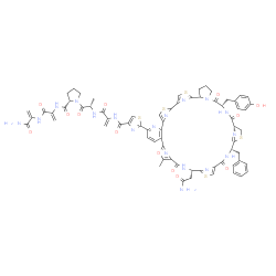 ChemSpider 2D Image | N-{2-[({2-[(12S,15R,19S,26S)-26-(2-Amino-2-oxoethyl)-19-benzyl-12-(4-hydroxybenzyl)-30-methyl-11,14,21,28-tetraoxo-31-oxa-4,17,24,41-tetrathia-10,13,20,27,37,42,43,44,45,46-decaazaoctacyclo[37.2.1.1~2
,5~.1~15,18~.1~22,25~.1~29,32~.0~6,10~.0~33,38~]hexatetraconta-1(42),2,5(46),18(45),22,25(44),29,32(43),33,35,37,39-dodecaen-36-yl]-1,3-thiazol-4-yl}carbonyl)amino]acryloyl}-L-alanyl-N-{3-[(3-amino-3-
oxo-1-propen-2-yl)amino]-3-oxo-1-propen-2-yl}-L-prolinamide | C69H66N18O13S5