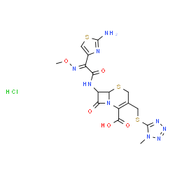 ChemSpider 2D Image | 7-{[(2E)-2-(2-Amino-1,3-thiazol-4-yl)-2-(methoxyimino)acetyl]amino}-3-{[(1-methyl-1H-tetrazol-5-yl)sulfanyl]methyl}-8-oxo-5-thia-1-azabicyclo[4.2.0]oct-2-ene-2-carboxylic acid hydrochloride (1:1) | C16H18ClN9O5S3