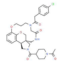 ChemSpider 2D Image | (1S,16R)-18-[(1-Acetyl-4-piperidinyl)carbonyl]-6-[(4-chlorophenyl)acetyl]-10,21-dioxa-3,6,18-triazatetracyclo[9.8.3.0~1,16~.0~15,22~]docosa-11(22),12,14-trien-4-one | C33H39ClN4O6