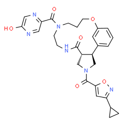 ChemSpider 2D Image | (2S,6R)-4-[(3-Cyclopropyl-1,2-oxazol-5-yl)carbonyl]-11-[(5-hydroxy-2-pyrazinyl)carbonyl]-15-oxa-4,8,11-triazatricyclo[14.3.1.0~2,6~]icosa-1(20),16,18-trien-7-one | C28H30N6O6
