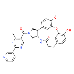 ChemSpider 2D Image | (2R,6S)-14-Hydroxy-18-methoxy-4-{[4-methyl-2-(3-pyridinyl)-5-pyrimidinyl]carbonyl}-16-oxa-4,7-diazatetracyclo[15.3.1.1~11,15~.0~2,6~]docosa-1(21),11(22),12,14,17,19-hexaen-8-one | C31H29N5O5