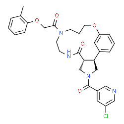 ChemSpider 2D Image | (2S,6R)-4-[(5-Chloro-3-pyridinyl)carbonyl]-11-[(2-methylphenoxy)acetyl]-15-oxa-4,8,11-triazatricyclo[14.3.1.0~2,6~]icosa-1(20),16,18-trien-7-one | C31H33ClN4O5