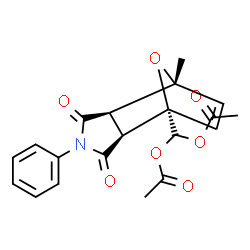 ChemSpider 2D Image | [(1S,2S,6R,7R)-7-Methyl-3,5-dioxo-4-phenyl-10-oxa-4-azatricyclo[5.2.1.0~2,6~]dec-8-en-1-yl]methylene diacetate | C20H19NO7
