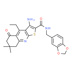 ChemSpider 2D Image | 3-Amino-N-(1,3-benzodioxol-5-ylmethyl)-4-ethyl-7,7-dimethyl-5-oxo-5,6,7,8-tetrahydrothieno[2,3-b]quinoline-2-carboxamide | C24H25N3O4S