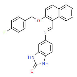 ChemSpider 2D Image | 5-[(E)-({2-[(4-Fluorobenzyl)oxy]-1-naphthyl}methylene)amino]-1,3-dihydro-2H-benzimidazol-2-one | C25H18FN3O2