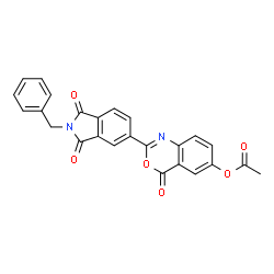 ChemSpider 2D Image | 2-(2-Benzyl-1,3-dioxo-2,3-dihydro-1H-isoindol-5-yl)-4-oxo-4H-3,1-benzoxazin-6-yl acetate | C25H16N2O6