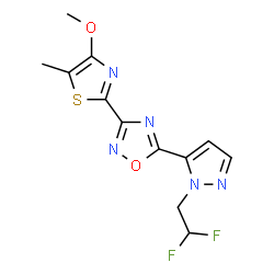 ChemSpider 2D Image | 5-[1-(2,2-Difluoroethyl)-1H-pyrazol-5-yl]-3-(4-methoxy-5-methyl-1,3-thiazol-2-yl)-1,2,4-oxadiazole | C12H11F2N5O2S